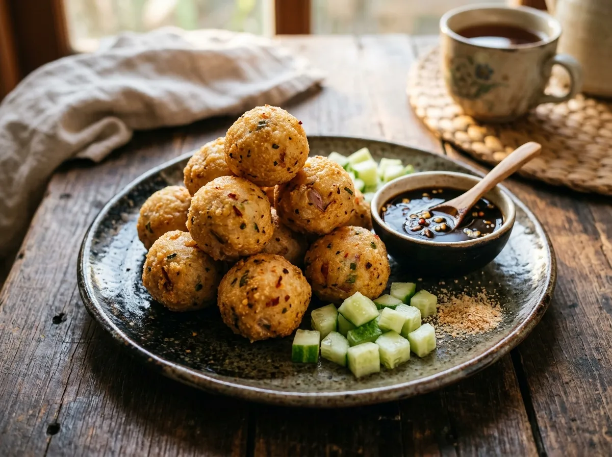 Pempek Adaan bulat bertabur irisan bawang merah dan daun bawang