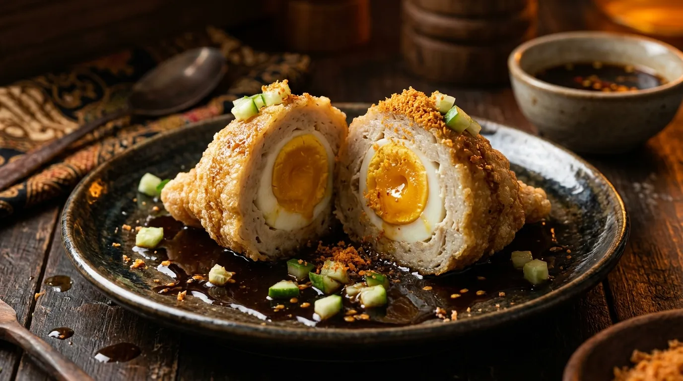 Pempek Kapal Selam Bang Rey berlumur kuah cuko kental dan taburan ebi