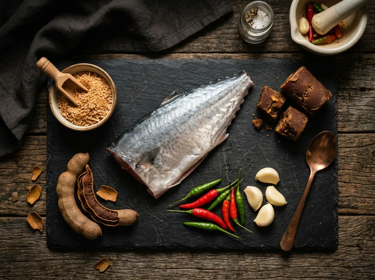 Bahan baku murni Pempek Bang Rey: Ikan tenggiri segar, gula batok Linggau, asam jawa, dan ebi sangrai