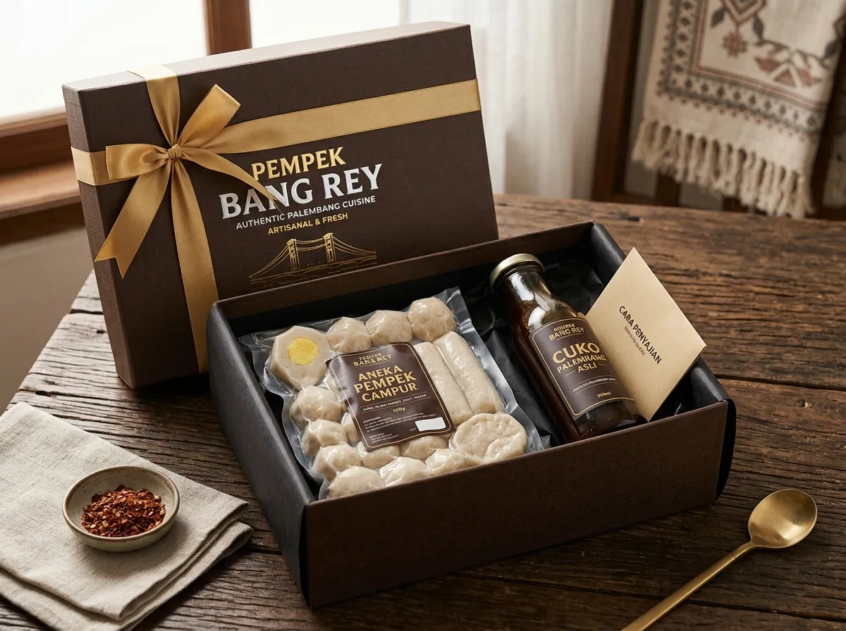 Box bingkisan paket pempek campur kemasan vacuum pack dengan botol cuko